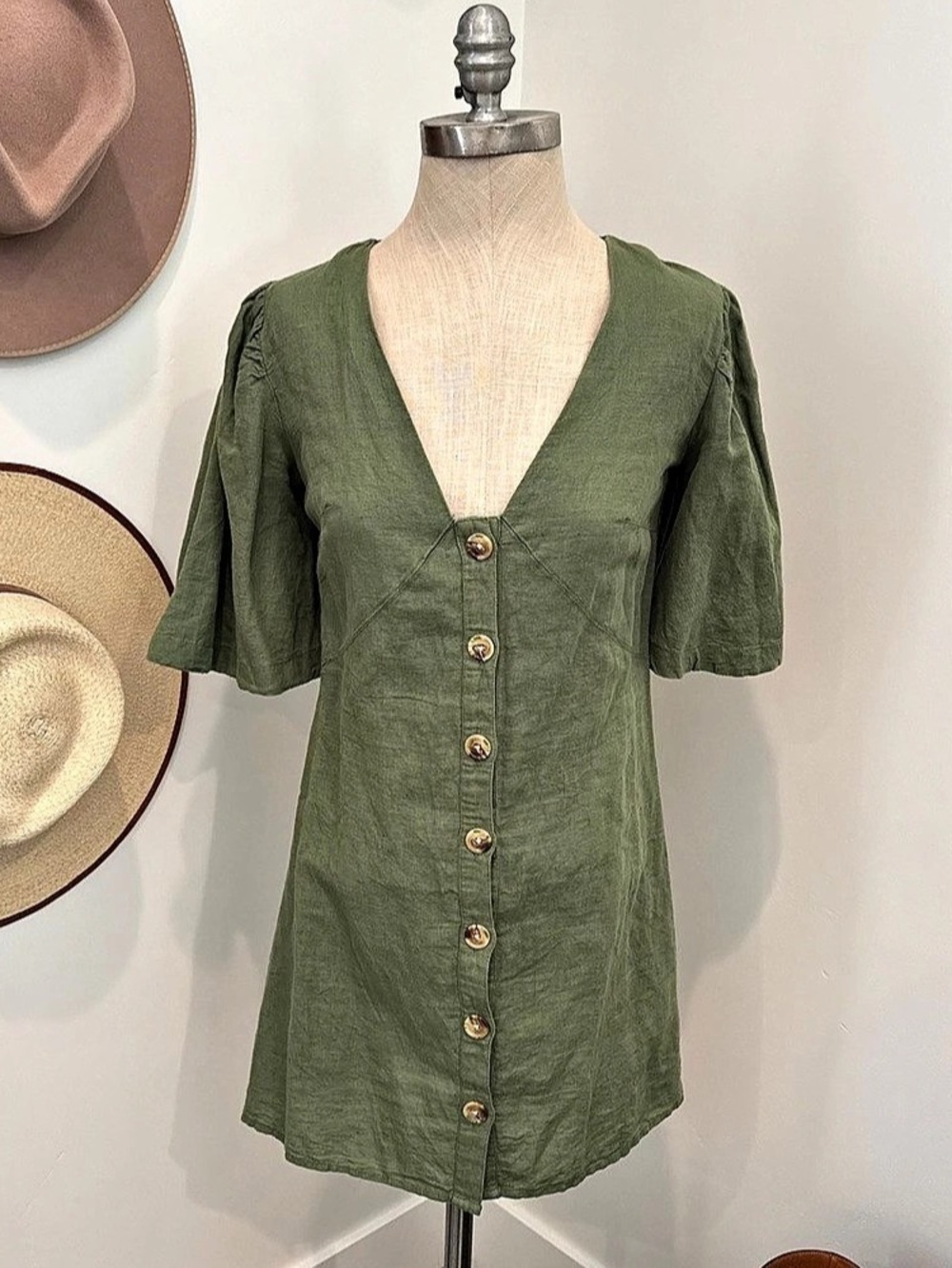 Topshop V-Neck Button Front Dressin Green Size 2 Like New